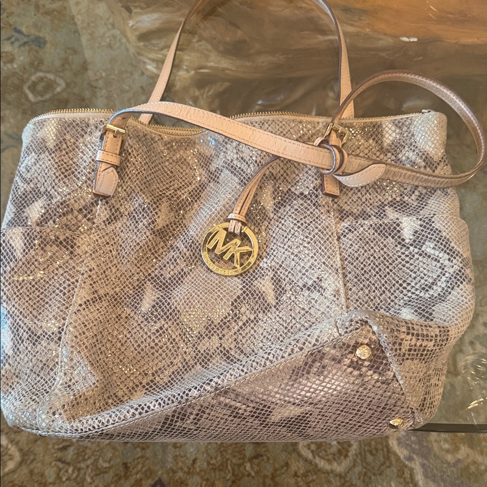 Michael Kors Taupe Snake-Embossed Leather Tote with Gold Logo Charm